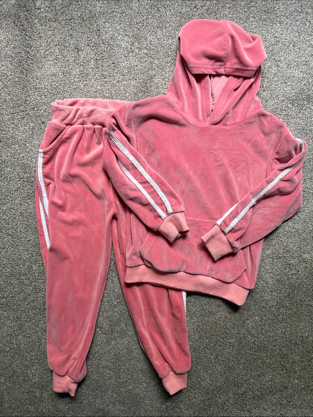Amazon Girls' Pink Velour Hoodie & Joggers Set with White Side Stripes